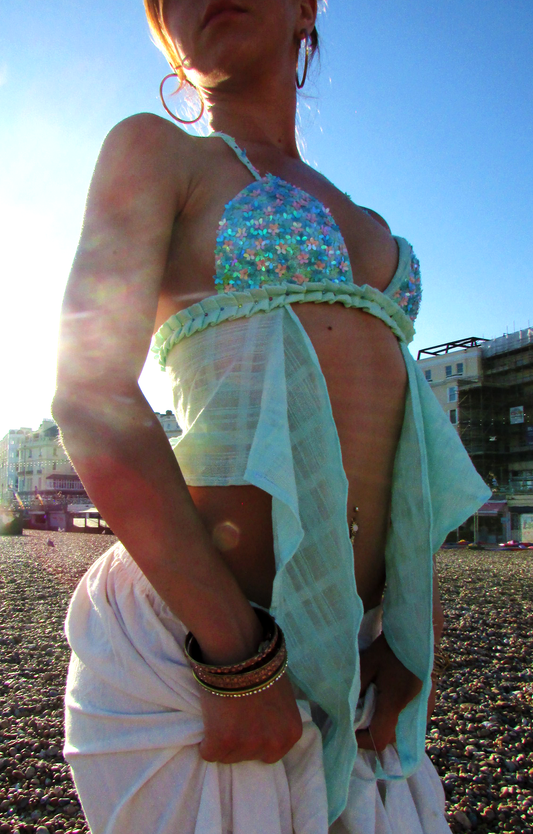 Teal sequin embellished top