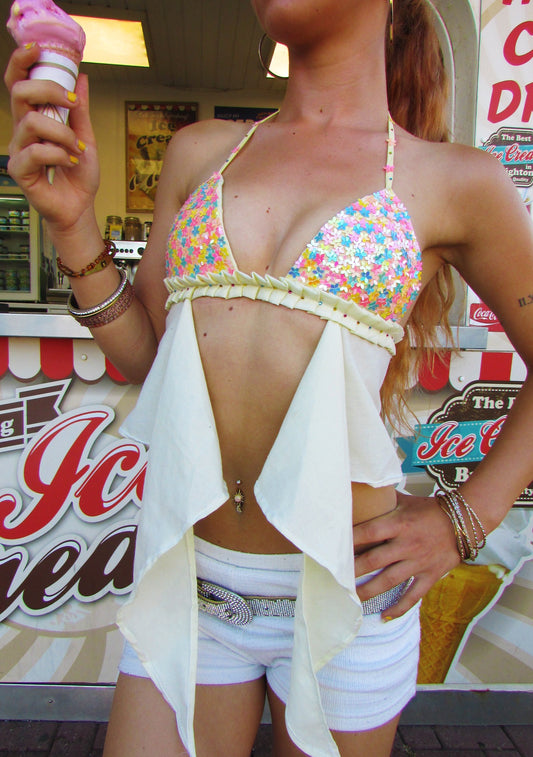 yellow sequin embellished top