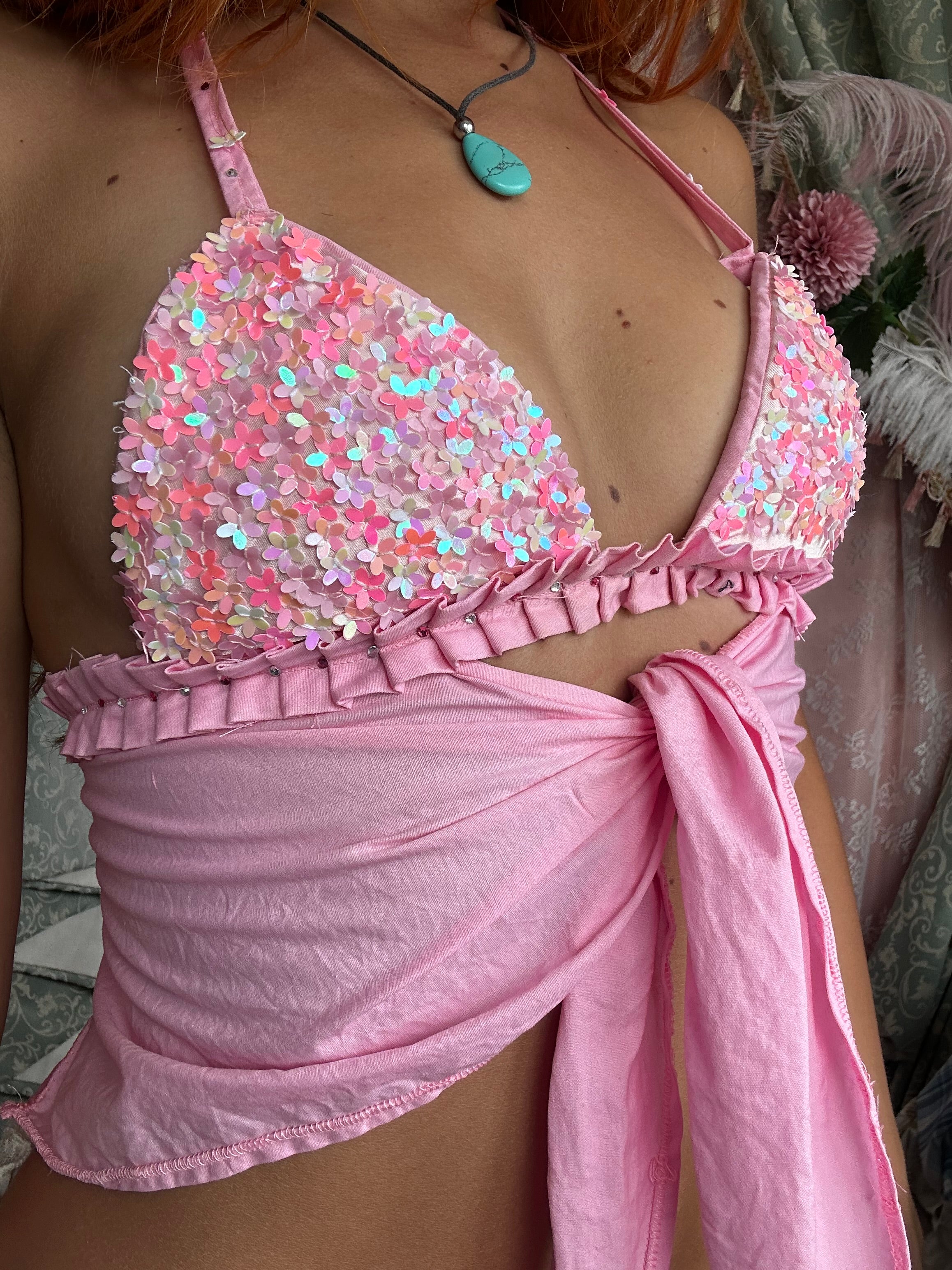 Pink sequin embellished top